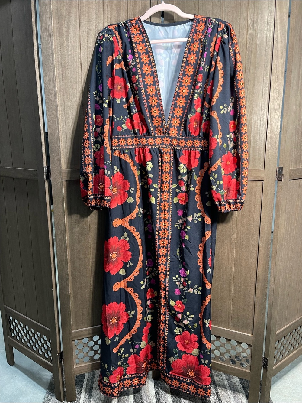 SHEIN Boho Maxi Dress with Red Floral Print Size 2XL
